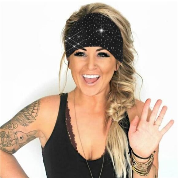 Rhinestone Headband Black Wide Head Wraps Crystal Bling Headbands - Picture 3 of 8